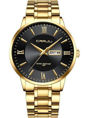 Men's Gold Black Luxury Stainless Steel Chronograph Analog Quartz Round Watch